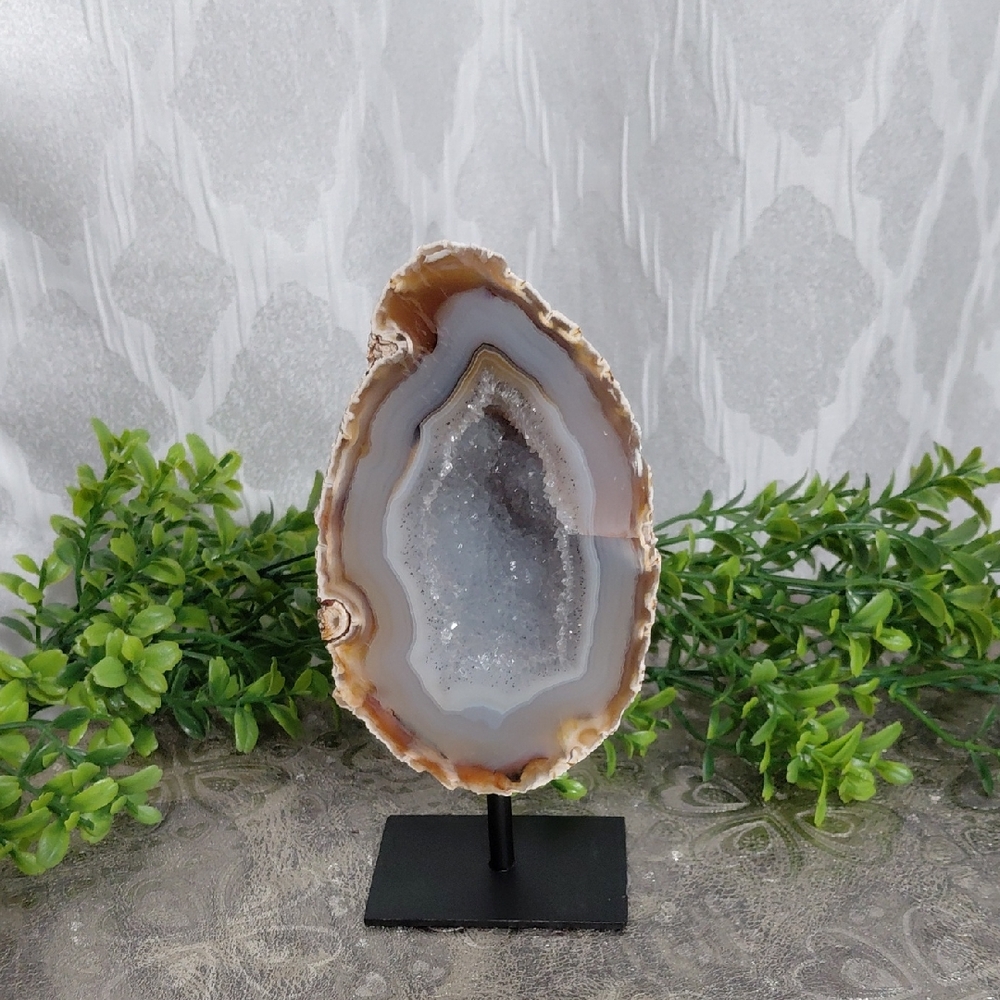 Natural Agate Geode on Stand - Gray and Brown